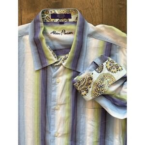 Alan‎ Flusser Shirt Men's XXL Long Sleeve Multi Stripe Button Down 100% Cotton